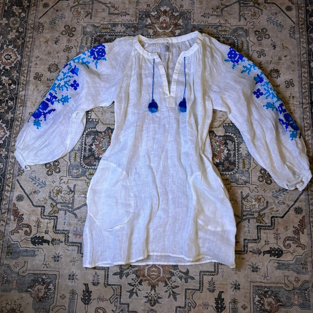 March 11 Boho Linen Embroidered Tunic Top Balloon Sleeve Mini Beach Dress Tassel